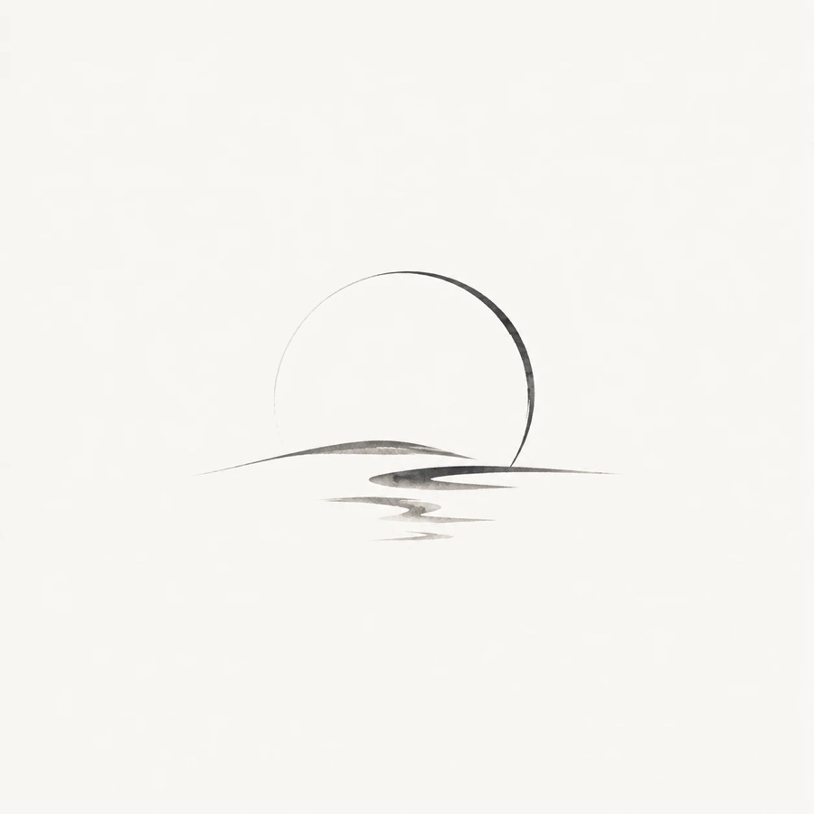 Yunagi – Tuschezeichnung: Sonne über stillem Wasser